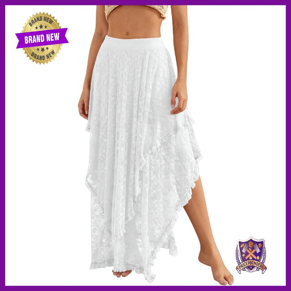 Lace Maxi Skirt With Elastic Waist, Layered Hem, Built-In Shorts